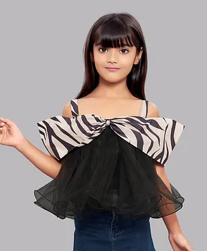 PinkChick Cold Shoulder Bow Detailed With Zebra Printed Flared Top   - Black