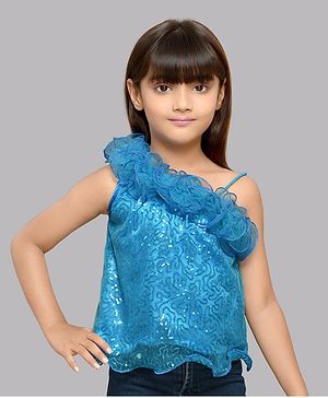 PinkChick One Shoulder Ruffled Detailed Neckline  & Sequin Embellished Top -  Blue