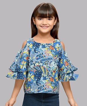 PinkChick Three Fourth Bell Layered Sleeves Abstract Floral Printed Top -  Blue