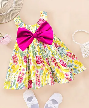 A.T.U.N. Sleeveless Garden Flowers Printed & Bow Embellished Fit & Flare Dress - Yellow & Pink
