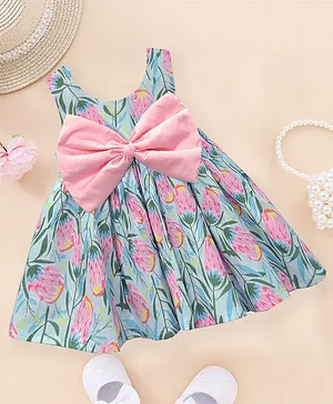 A.T.U.N. Sleeveless Garden Flowers Printed & Bow Embellished Fit & Flare Dress - Blue & Pink