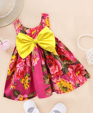 A.T.U.N. Sleeveless All Over Garden Roses Printed & Bow Embellished Fit & Flare Dress - Fuschia Pink & Yellow