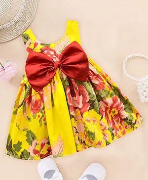 A.T.U.N. Sleeveless All Over Garden Roses Printed & Bow Embellished Fit & Flare Dress - Red & Yellow