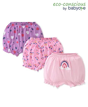 Babyoye Eco Conscious Cotton  Heart & Rainbow Print Bloomers Pack of 3 - Multicolour