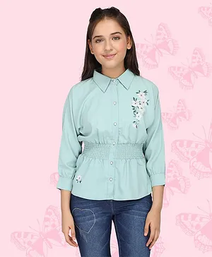 Cutecumber Full Sleeves Placement Floral Printed Smocked Top - Green