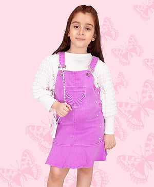 Cutecumber Full aCutecumber Full Checked Self Design Sleeves Solid Top With Pearl Embellished   Pinafore Dress - PurpleChecked Self Design Sleeves Solid Top With Pearl Embellished   Pinafore Styled Dungaree - Purple