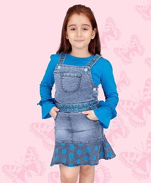Cutecumber Full Sleeves Solid Top With Polka Dot Printed Pinafore Dress - Blue