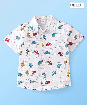 Babyhug 100% Cotton Knit Half Sleeve Regular Collar Car Printed Shirt - White