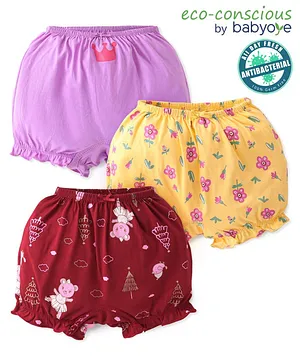 Babyoye Eco Conscious Cotton Bloomers With Floral Print - Yellow Pink & Maroon