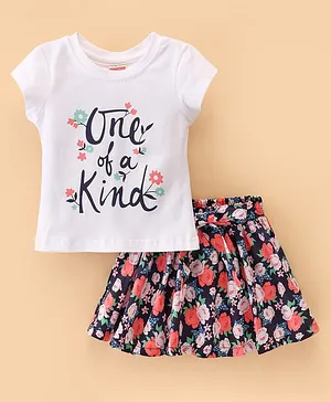 Twetoons Knitted Half Sleeves Top & Skirt With Floral & Text Print - White & Navy Blue