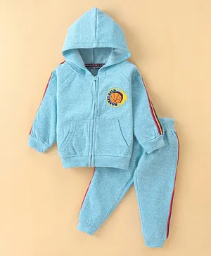 Little Darlings Fleece Full Sleeves Hooded Winter Wear Suit With Solid Colour - Snow Blue