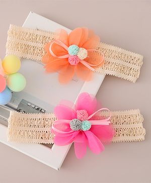 Babyhug Headbands with Floral Applique Free Size Pack of 2 - Orange & Dark Pink
