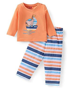 Babyhug Cotton Knit Full Sleeves Striped & Bear Printed Night Suit - Orange