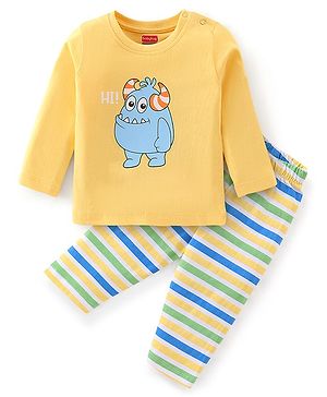 Babyhug Cotton Knit Full Sleeves Cartoon Printed Night Suit - Yellow