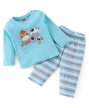 Babyhug Cotton Knit Full Sleeves Cow Printed Night Suit - Blue