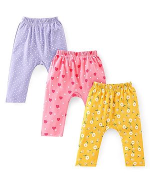 Babyhug Cotton Full Length Diaper Pants Dotted & Floral Print Pack Of 3 - Pink Purple & Yellow