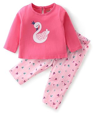 Babyhug Cotton Knit Full Sleeves Night Suit With Swan Print - Pink & Red