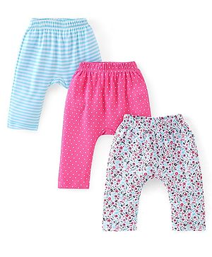 Babyhug Cotton Knit Full Length Diaper Pants Striped & Floral Print Pack Of 3 - Multicolour