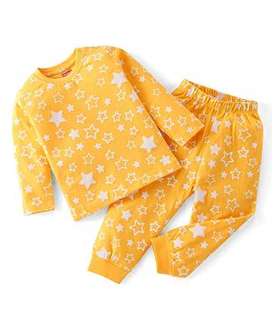 Babyhug Cotton Knit Full Sleeves Stars Printed Night Suit - Yellow