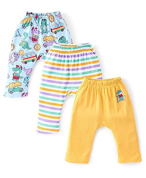 Babyhug Cotton Knit Full Length Diaper Pants Stripes & Dino Print Pack of 3 - Multicolour