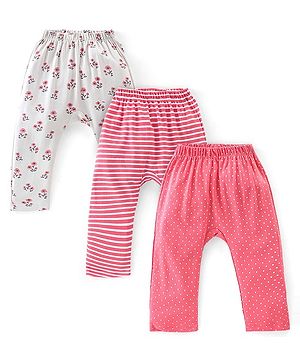 Babyhug Cotton Interlock Knit Full Length Diaper Pants Stripes & Floral Print Pack of 3 - Pink & Grey