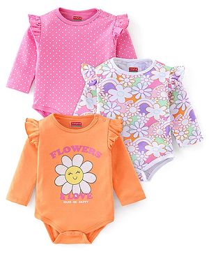 Babyhug 100% Cotton Full Sleeves Onesies With Floral Print Pack Of 3 - Pink White & Orange