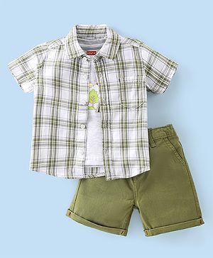 Babyhug 100% Cotton Knit Half Sleeves Shirt with Inner T-Shirt & Shorts With Checkered - Green & White