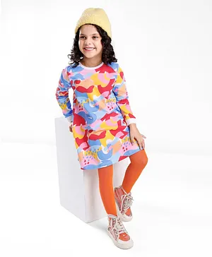 Babyhug Cotton Knit Full Sleeves Frock With Stockings Shapes Print - Pink Blue & Orange