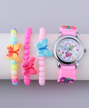 Babyhug Analog Watch with Bracelets & Butterfly Print - Multicolor