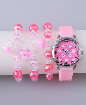 Babyhug Analog Watch with Bracelets & Floral Print- Pink