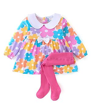 Babyhug 100% Cotton Knit Full Sleeves Frock With Stockings Floral Print - Pink & Blue