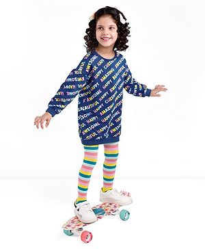 Babyhug 100% Cotton Knit Full Sleeves Winter Frock With Stockings Text Print - Navy Blue