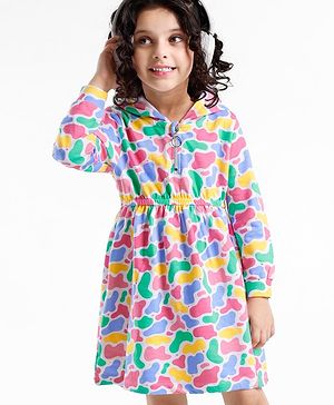Babyhug 100% Cotton Full Sleeves Winter Hooded Frock Abstract Print - Multicolour