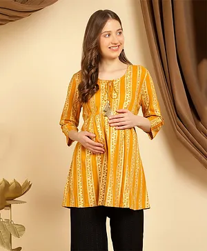 Zelena Three Fourth Sleeves Striped Pattern Floral Designed With Concealed Zipper Nursing Access  Maternity  Top - Yellow
