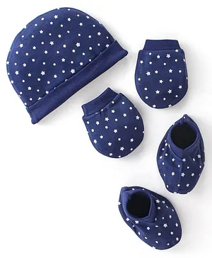 Doodle Poodle 100% Cotton Interlock Knit Cap Mittens & Booties Set Star Print Navy Blue - Diameter 12.5 cm