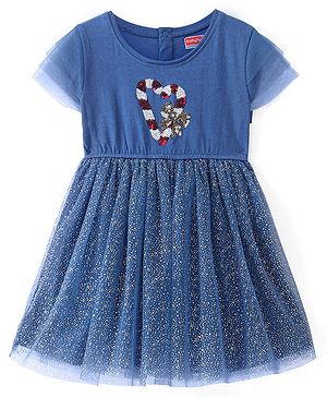 Babyhug Cotton Knit Half Sleeves Frock with Glitter Print & Sequin Detail - Navy Blue