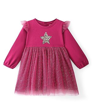 Babyhug 100% Cotton Full Sleeves Frock With Sequined Star & Glitter Print- Red
