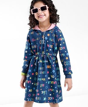 Babyhug 100% Cotton Knit Full Sleeves Hooded Frocks with Text Print - Navy Blue