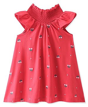 Babyhug 100% Cotton Cap Sleeves Frock With Floral Embroidery - Red