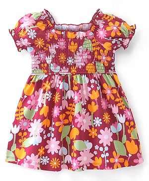 Babyhug Cotton Knit Half Sleeves Floral Print Frock - Wine