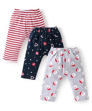 Babyhug Cotton Knit Full Length Diaper Pants With Christmas Theme Print Pack Of 3 - Blue Grey & Red
