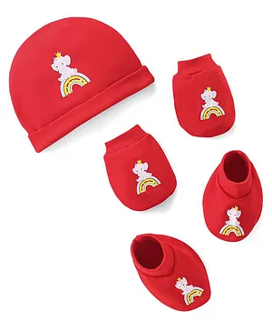 Doodle Poodle 100% Cotton Elephant Printed Cap Mittens & Booties Set Red - Diameter 17 cm