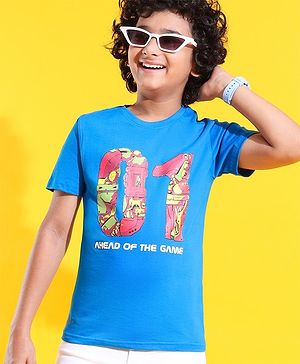 Pine Kids 100% Cotton Knit Half Sleeves Ahead of The Game Printed T-Shirt -Blue Aster