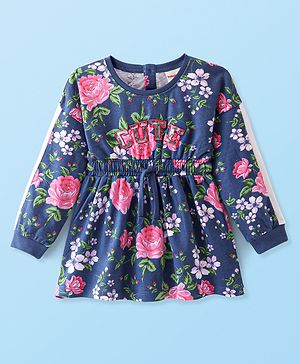 Babyhug 100% Cotton Knit Full Sleeves Winter Frock Floral Print- Blue