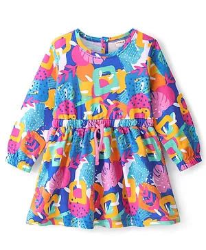 Babyhug 100% Cotton Knit Full Sleeves Winter Frock Abstract Print - Blue