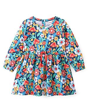 Babyhug 100% Cotton Full Sleeves Frock With Floral Print- Blue Green & Red
