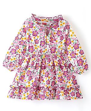 Babyhug 100% Cotton Knit Full Sleeves Frock With Floral Print - White & Purple