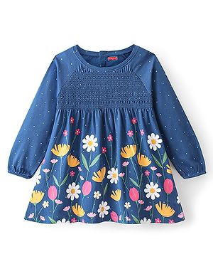 Babyhug 100% Cotton Full Sleeves Frock With Floral Print- Navy Blue