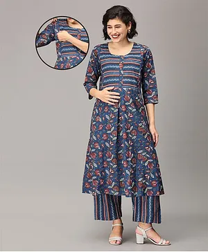 The Mom Store Three Fourth Sleeves Striped Designed & Floral Printed Maternity Kurta & Pant Set With Nursing Access - Blue