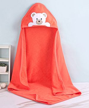 Babyhug Knit Terry Towel with Hood Bear Print L 76.2 X B 76.2 cm - Orange
